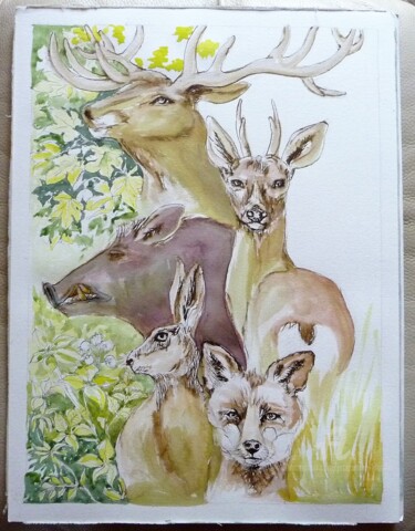 Painting titled "Gibiers" by Jacqueline Klocke, Original Artwork, Ink