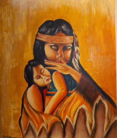Peinture intitulée "l'indienne et l'enf…" par Alain Berthier, Œuvre d'art originale