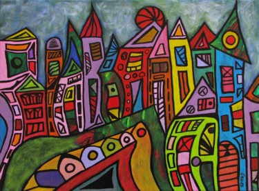 Stadt am Abend Malerei mit dem Titel "Stadt am Abend" von Eva Fazakas, Original-Kunstwerk, Acryl
