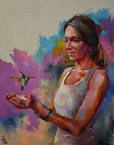 My Colibri Peinture intitulée "My Colibri" par Zhanna Kondratenko, Œuvre d'art originale, Huile Monté sur Châssis en bois