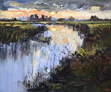Peinture intitulée "Yellow moon" par Sonja Brussen, Œuvre d'art originale, Huile