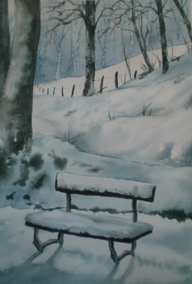 banc sous la neige ( d'après P. Lhez) Peinture intitulée "banc sous la neige…" par Mickael Thébault, Œuvre d'art originale