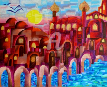 Peinture intitulée "cité d'ailleurs" par Audrey Ressejac-Duparc, Œuvre d'art originale, Huile