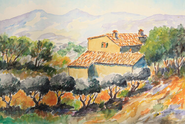 Peinture intitulée ""Mas vers Bonnieux"" par Jean Xavier Combe, Œuvre d'art originale, Aquarelle