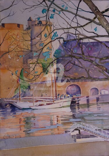 Le Mutin et une goélette sous le château de Brest Peinture intitulée "Le Mutin et une goé…" par Claude Marchalot, Œuvre d'art originale, Aquarelle