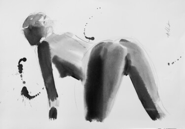 Drawing titled "Nu à quatre pattes" by Alliet-Delacroix, Original Artwork, Ink Mounted on Cardboard