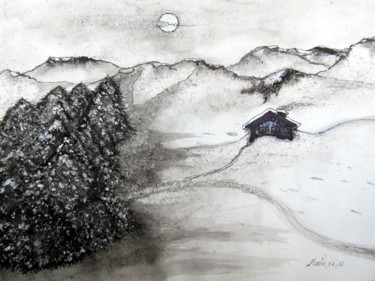 Peinture intitulée "nocturne-hivernale.…" par Marianne Charlotte Mylonas-Svikovsky (Marlo), Œuvre d'art originale, Encre