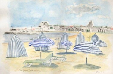0108 La Grande Conche avec parasols Pintura intitulada "0108 La Grande Conc…" por Aquarelles-Alain, Obras de arte originais, Aquarela