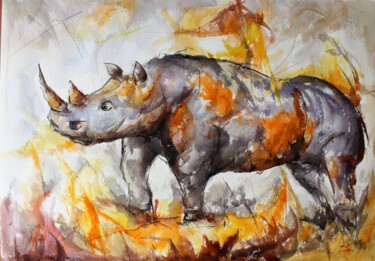 绘画 标题为“Rhinocéros dans la…” 由Jean-Luc Lopez, 原创艺术品, 墨