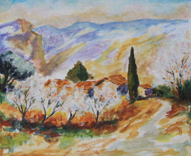 Peinture intitulée "" Amandiers à Maube…" par Jean Xavier Combe, Œuvre d'art originale, Aquarelle