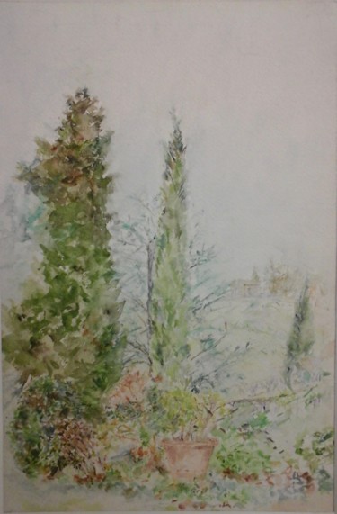 Peinture intitulée "Les cyprès du jardin" par Catherine Claude, Œuvre d'art originale, Aquarelle