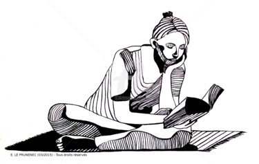 Dessin intitulée "Lecture" par Elisabeth Le Prunenec, Œuvre d'art originale, Encre
