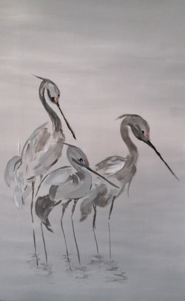 Pintura intitulada "Grues cendrées" por Titus, Obras de arte originais, Óleo