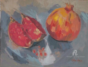 Peinture intitulée "Deux grenades" par Chéker, Œuvre d'art originale, Huile