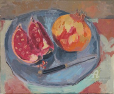 Peinture intitulée "Grenades et couteau…" par Chéker, Œuvre d'art originale, Huile Monté sur Châssis en bois