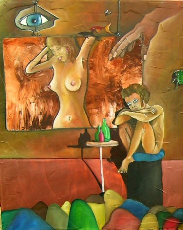 Painting titled "Fantasme" by Fred Besnardiere, Original Artwork, Oil Mounted on Wood Stretcher frame