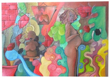 Painting titled "Fécondité" by Fred Besnardiere, Original Artwork, Oil Mounted on Wood Stretcher frame