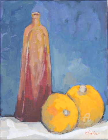 Peinture intitulée "Potimarrons et bout…" par Chéker, Œuvre d'art originale, Huile Monté sur Châssis en bois