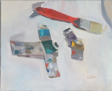 Peinture intitulée "Pinceau et tubes de…" par Chéker, Œuvre d'art originale, Huile Monté sur Châssis en bois