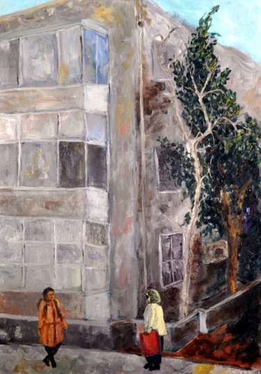 Painting titled "house in Tel Aviv" by Asher, Original Artwork, Oil Mounted on Wood Stretcher frame