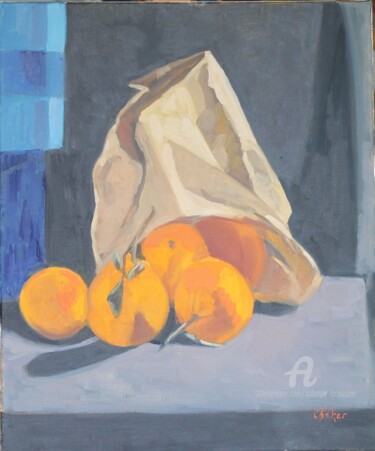 Peinture intitulée "Sac d'oranges renve…" par Chéker, Œuvre d'art originale, Huile Monté sur Châssis en bois
