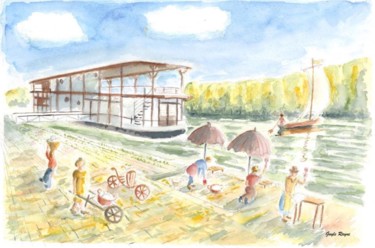 Peinture intitulée "le bateau lavoir et…" par Guyle Rayne, Œuvre d'art originale, Aquarelle