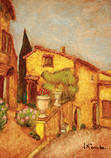 Painting titled "" Rue de Gigondas "" by Jean Xavier Combe, Original Artwork, Oil Mounted on Wood Stretcher frame