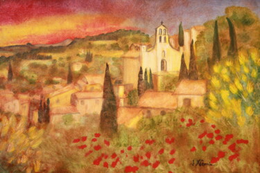 Painting titled "" Toits de Gigondas…" by Jean Xavier Combe, Original Artwork, Oil Mounted on Wood Stretcher frame