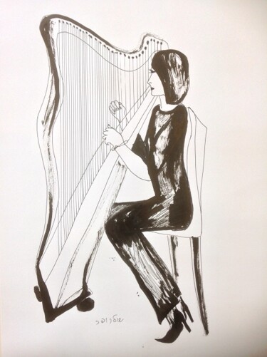图画 标题为“harpist” 由Janna Shulrufer, 原创艺术品, 墨 安装在纸板上