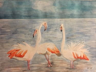 Malerei mit dem Titel "Flamants - non rose…" von Gudrun Sageder, Original-Kunstwerk, Aquarell