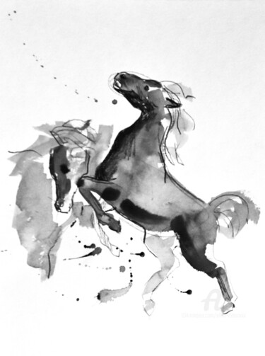 Chevaux se battant (d'après Delacroix) Dessin intitulée "Chevaux se battant…" par Alliet-Delacroix, Œuvre d'art originale, Encre Monté sur Carton