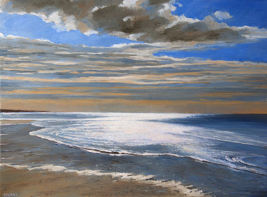 Peinture intitulée "Plage-soleil-coucha…" par Renand, Œuvre d'art originale, Huile