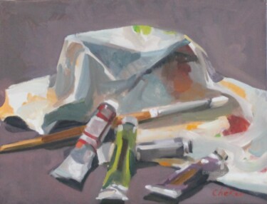 Peinture intitulée "Pinceaux et tubes d…" par Chéker, Œuvre d'art originale, Huile Monté sur Châssis en bois