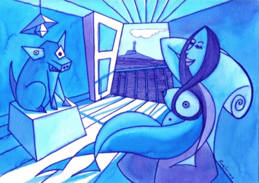 FEMME ET CHIEN EN BLEU