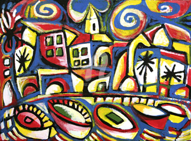 Schilderij getiteld "Escale colorée" door Alexandre Lepage, Origineel Kunstwerk, Acryl Gemonteerd op Frame voor houten branc…