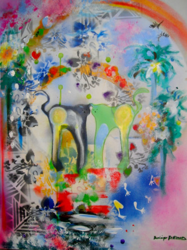 Deux amis au jardin des délices Peinture intitulée "Deux amis au jardin…" par Dominique Bertrand, Œuvre d'art originale, Acrylique