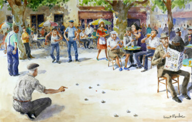 Peinture intitulée "Pétanque-23." par Vincent Monluc, Œuvre d'art originale, Aquarelle