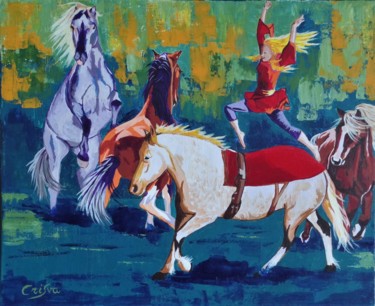 Peinture intitulée "l’ecuyere et ses ch…" par Christelle Vaesken, Œuvre d'art originale, Acrylique