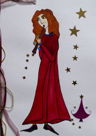 Peinture intitulée "Musicienne médiévale" par Laure Barlet, Œuvre d'art originale, Aquarelle
