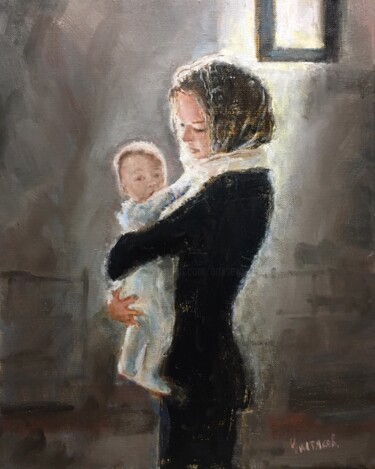Girl and little baby Oil Painting On Canvas 제목이 "Girl and little bab…"인 미술작품 Vsevolod Chistiakov로, 원작, 기름