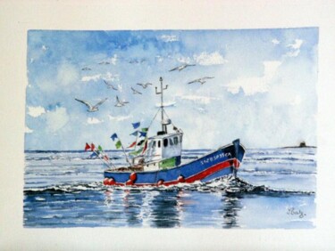 Peinture intitulée "Bateau de pêche au…" par Martine Salmon, Œuvre d'art originale