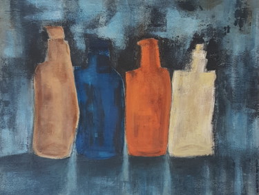 Painting titled "la-bouteille-orange…" by Catjac, Original Artwork, Acrylic Mounted on Wood Panel