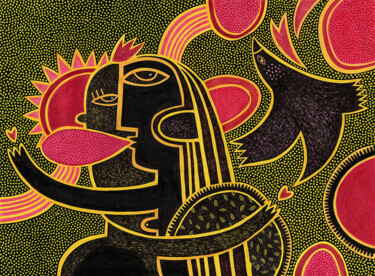 Dessin intitulée "Toi, moi et l'oiseau" par Fabienne Chemin, Œuvre d'art originale