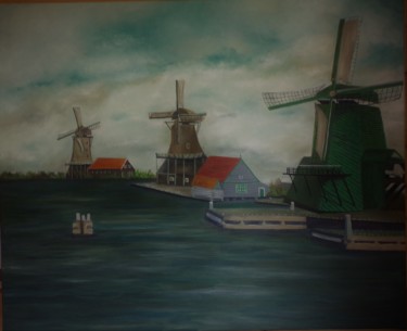 Pintura titulada "Moulins à vents" por Elisabeth Hunaut, Obra de arte original, Oleo