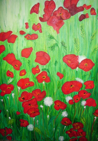 Peinture intitulée "Champ de coquelicot…" par Elisabeth Hunaut, Œuvre d'art originale, Huile