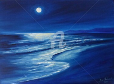 pleine lune sur la plage Peinture intitulée "pleine lune sur la…" par Daniel Bahuaud, Œuvre d'art originale, Huile