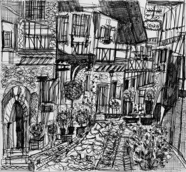 Dessin intitulée "Cour de ville - Col…" par Muriel Cayet, Œuvre d'art originale
