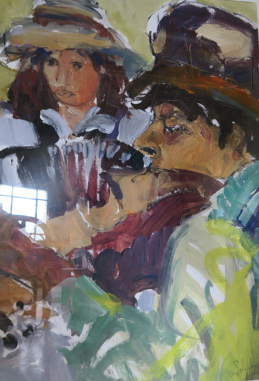 Peinture intitulée "L'accordéoniste et…" par Nadine Nacinovic, Œuvre d'art originale, Acrylique