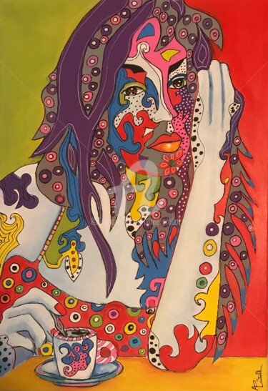 Peinture intitulée "Pause café pensive…" par Annie Predal, Œuvre d'art originale, Acrylique