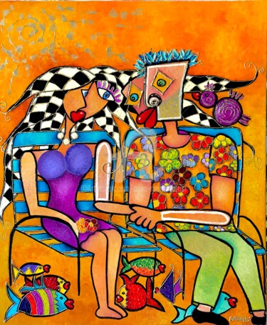 Peinture intitulée "LES CHAISES BLEUES" par Anne Marie Torrisi, Œuvre d'art originale, Huile